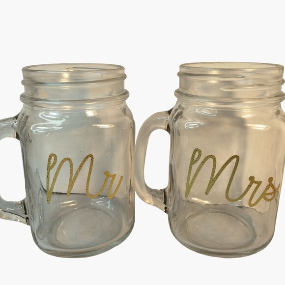 Mr Mrs Mason Jar Mugs Gold Script Writing Wedding Gift Anniversary Lot 2 - Picture 2 of 12